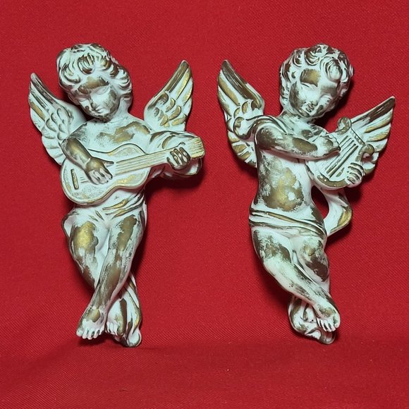 VTG Andrea by Sadek Angel Cherub Victorian Gold Chalkware Set of 2 Wall Hanging